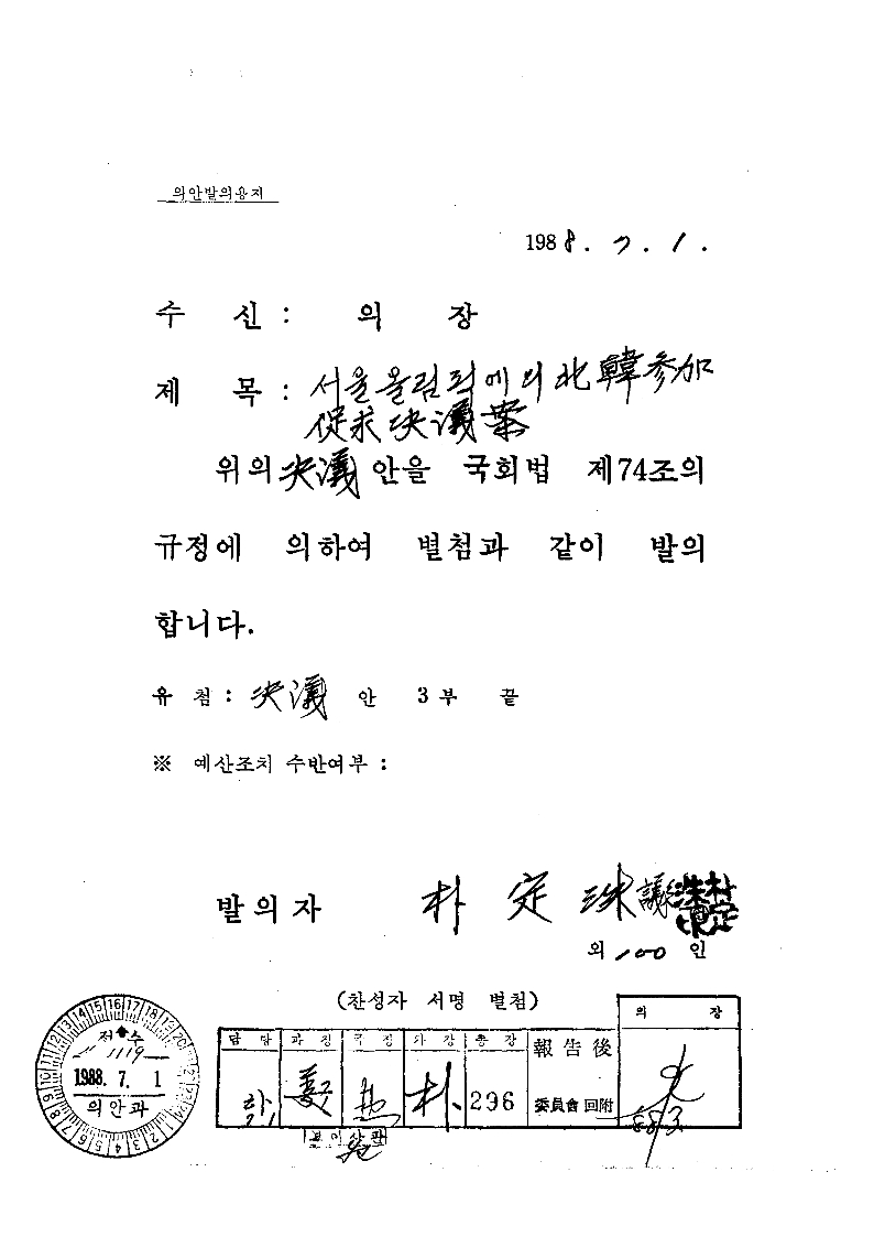 서울올림픽에의북한참가촉구결의안